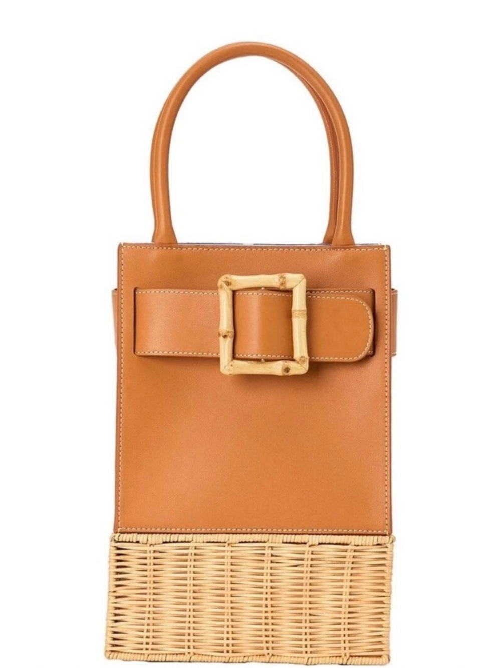 Tan Leather & Wicker Tote with Bamboo Buckle